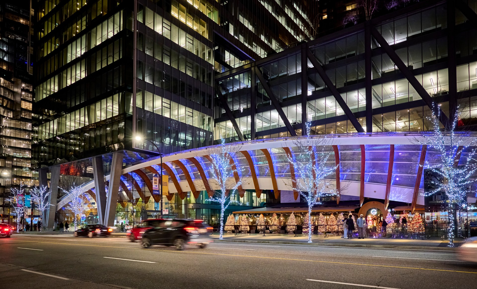 Downtown Vancouver at night during the Christmas season