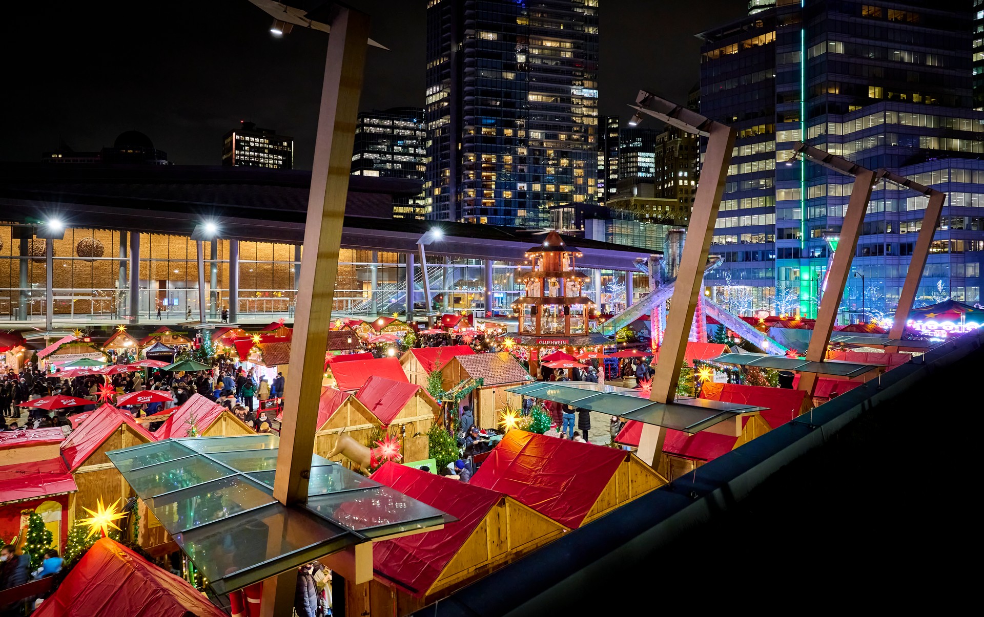 Night view of the Vancouver Christmas Market at Jack Poole Plaza.