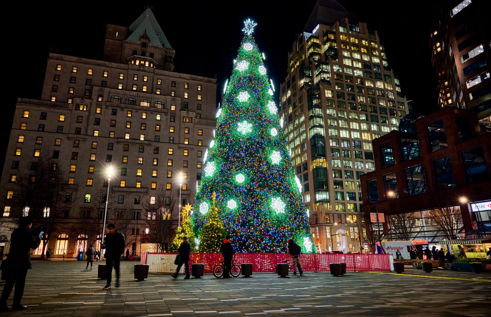 Downtown Vancouver at night during the Christmas season